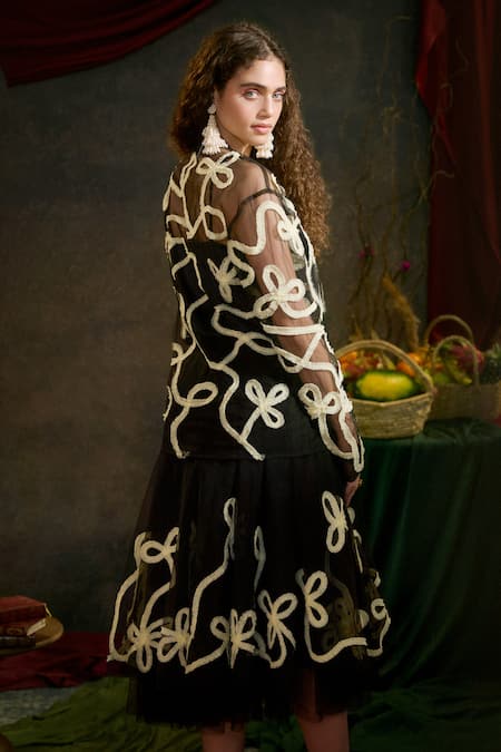 Therealb Black Net Lace Round Neck Clover Embellished Top And Skirt Set Online at Aza Fashions Therealb_Black Net Lace Round Neck Clover Embellished Top And Skirt Set _Online_at_Aza_Fashions