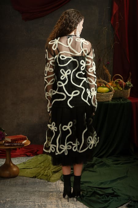 Shop Therealb Black Net Lace Round Neck Clover Embellished Top And Skirt Set at Aza Fashions Shop_Therealb_Black Net Lace Round Neck Clover Embellished Top And Skirt Set _at_Aza_Fashions