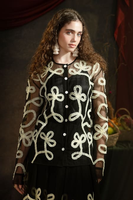 Buy Therealb Black Net Lace Round Neck Clover Embellished Top And Skirt Set Online at Aza Fashions Buy_Therealb_Black Net Lace Round Neck Clover Embellished Top And Skirt Set _Online_at_Aza_Fashions