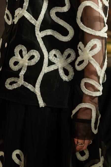 Shop Therealb Black Net Lace Round Neck Clover Embellished Top And Skirt Set Online at Aza Fashions Shop_Therealb_Black Net Lace Round Neck Clover Embellished Top And Skirt Set _Online_at_Aza_Fashions