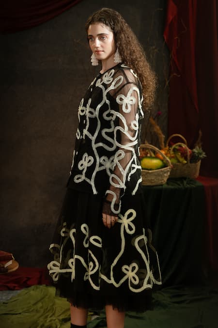 Therealb Black Net Lace Round Neck Clover Embellished Top And Skirt Set at Aza Fashions Therealb_Black Net Lace Round Neck Clover Embellished Top And Skirt Set _at_Aza_Fashions