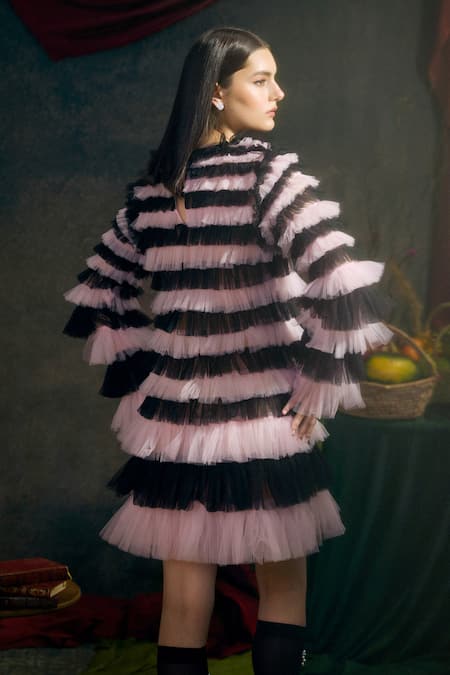 Shop Therealb Black Tulle Round Neck Layered Mini Dress at Aza Fashions Shop_Therealb_Black Tulle Round Neck Layered Mini Dress _at_Aza_Fashions