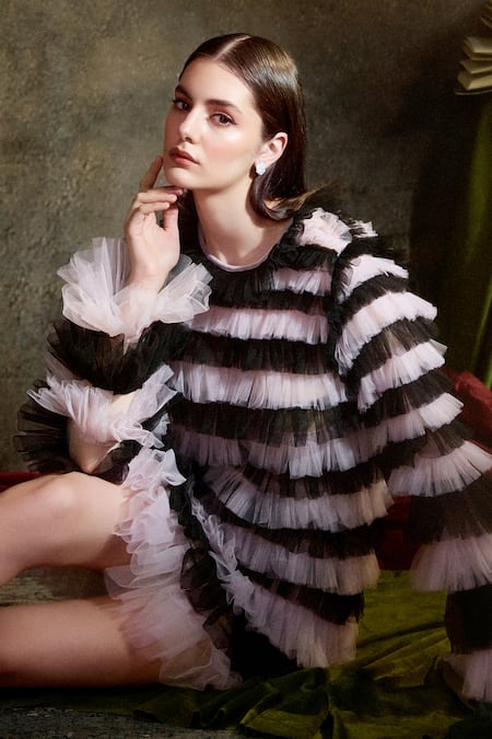 Shop Therealb Black Tulle Round Neck Layered Mini Dress Online at Aza Fashions Shop_Therealb_Black Tulle Round Neck Layered Mini Dress _Online_at_Aza_Fashions