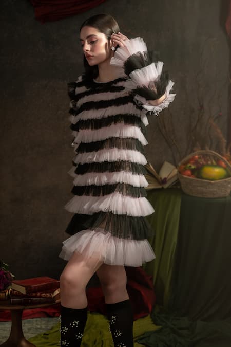 Therealb Black Tulle Round Neck Layered Mini Dress at Aza Fashions Therealb_Black Tulle Round Neck Layered Mini Dress _at_Aza_Fashions