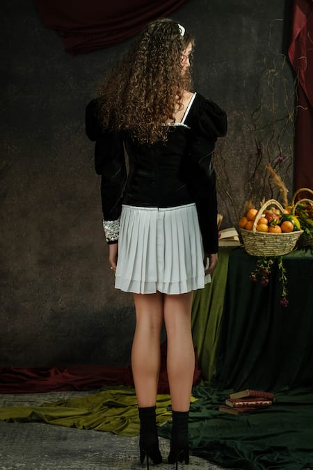 Therealb Puffed Sleeve Pleated Flare Mini Dress 