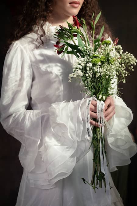 Therealb White Satin Round Neck Ruffled A-line Dress Online at Aza Fashions Therealb_White Satin Round Neck Ruffled A-line Dress _Online_at_Aza_Fashions