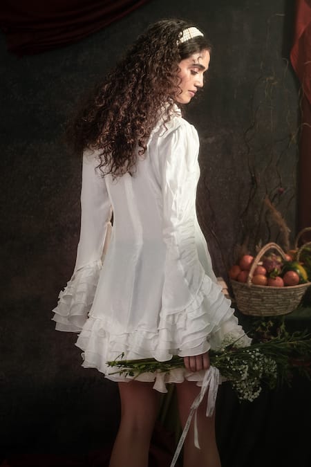 Shop Therealb White Satin Round Neck Ruffled A-line Dress at Aza Fashions Shop_Therealb_White Satin Round Neck Ruffled A-line Dress _at_Aza_Fashions