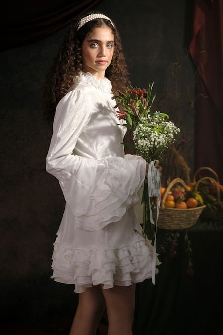 Buy Therealb White Satin Round Neck Ruffled A-line Dress Online at Aza Fashions Buy_Therealb_White Satin Round Neck Ruffled A-line Dress _Online_at_Aza_Fashions