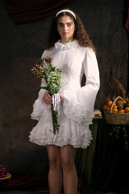 Shop Therealb White Satin Round Neck Ruffled A-line Dress Online at Aza Fashions Shop_Therealb_White Satin Round Neck Ruffled A-line Dress _Online_at_Aza_Fashions