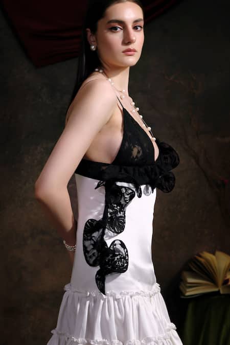 Therealb Black Satin, Viscose Ruffles Sweetheart Neck Lace Embellished Short Dress Online at Aza Fashions Therealb_Black Satin, Viscose Ruffles Sweetheart Neck Lace Embellished Short Dress _Online_at_Aza_Fashions