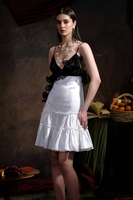 Buy Therealb Black Satin, Viscose Ruffles Sweetheart Neck Lace Embellished Short Dress Online at Aza Fashions Buy_Therealb_Black Satin, Viscose Ruffles Sweetheart Neck Lace Embellished Short Dress _Online_at_Aza_Fashions