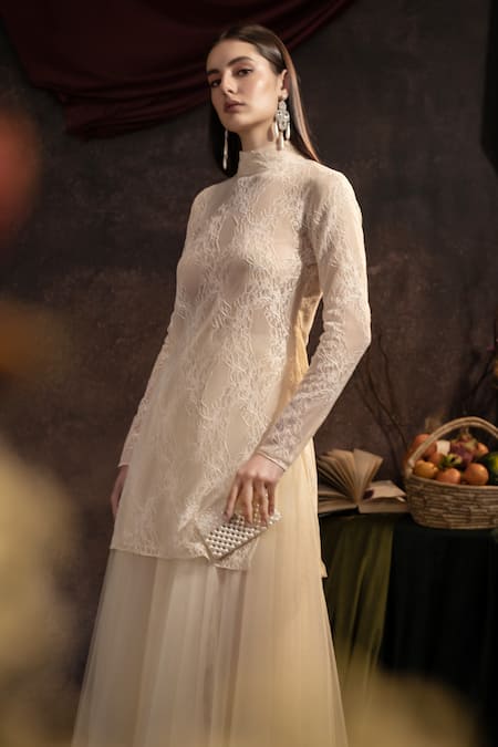 Therealb_Cream Viscose, Net, Tulle Embroidery High Neck Floral Lace Top And Skirt _Online_at_Aza_Fashions
