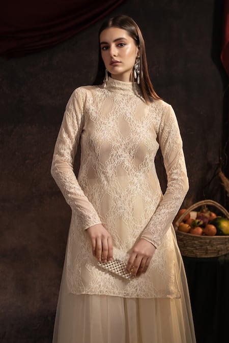 Buy_Therealb_Cream Viscose, Net, Tulle Embroidery High Neck Floral Lace Top And Skirt _Online_at_Aza_Fashions