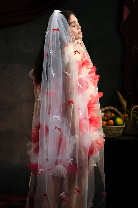 Therealb White Net Bows Round Neck Tulle Overlay Mini Dress With Motif Online at Aza Fashions Therealb_White Net Bows Round Neck Tulle Overlay Mini Dress With Motif _Online_at_Aza_Fashions