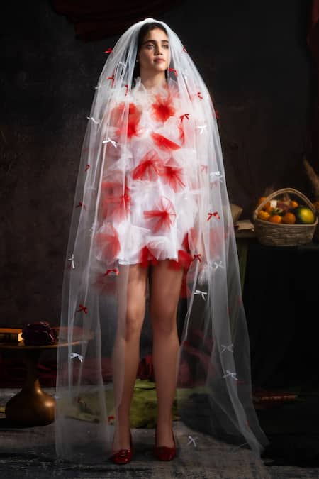 Buy Therealb White Net Bows Round Neck Tulle Overlay Mini Dress With Motif Online at Aza Fashions Buy_Therealb_White Net Bows Round Neck Tulle Overlay Mini Dress With Motif _Online_at_Aza_Fashions