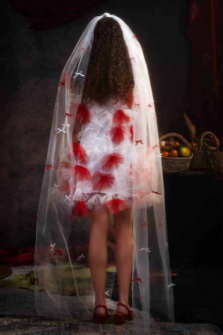 Shop Therealb White Net Bows Round Neck Tulle Overlay Mini Dress With Motif at Aza Fashions Shop_Therealb_White Net Bows Round Neck Tulle Overlay Mini Dress With Motif _at_Aza_Fashions