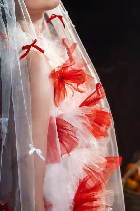 Shop Therealb White Net Bows Round Neck Tulle Overlay Mini Dress With Motif Online at Aza Fashions Shop_Therealb_White Net Bows Round Neck Tulle Overlay Mini Dress With Motif _Online_at_Aza_Fashions