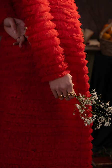 Therealb Red Net, Polyester Ruffles High Neck Crop Top And Waist Midi Skirt Online at Aza Fashions Therealb_Red Net, Polyester Ruffles High Neck Crop Top And Waist Midi Skirt _Online_at_Aza_Fashions