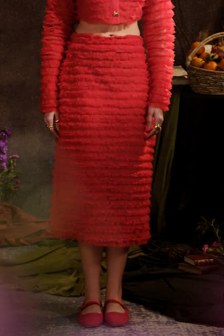 Buy Therealb Red Net, Polyester Ruffles High Neck Crop Top And Waist Midi Skirt Online at Aza Fashions Buy_Therealb_Red Net, Polyester Ruffles High Neck Crop Top And Waist Midi Skirt _Online_at_Aza_Fashions