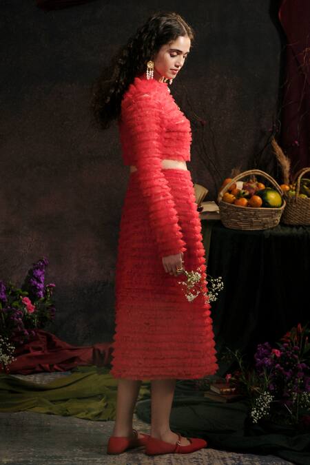 Shop Therealb Red Net, Polyester Ruffles High Neck Crop Top And Waist Midi Skirt Online at Aza Fashions Shop_Therealb_Red Net, Polyester Ruffles High Neck Crop Top And Waist Midi Skirt _Online_at_Aza_Fashions