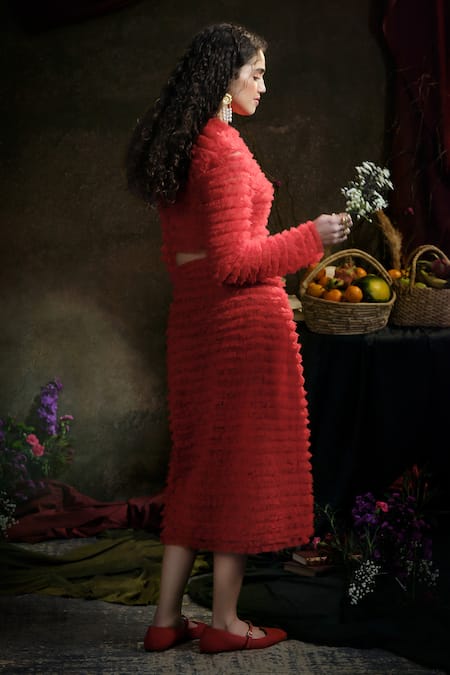 Shop Therealb Red Net, Polyester Ruffles High Neck Crop Top And Waist Midi Skirt at Aza Fashions Shop_Therealb_Red Net, Polyester Ruffles High Neck Crop Top And Waist Midi Skirt _at_Aza_Fashions