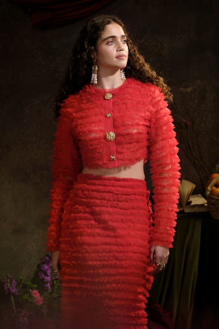 Therealb Red Net, Polyester Ruffles High Neck Crop Top And Waist Midi Skirt at Aza Fashions Therealb_Red Net, Polyester Ruffles High Neck Crop Top And Waist Midi Skirt _at_Aza_Fashions