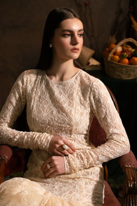 Therealb Cream Viscose Embroidery Round Neck Floral Lace High Low Dress Online at Aza Fashions Therealb_Cream Viscose Embroidery Round Neck Floral Lace High Low Dress _Online_at_Aza_Fashions