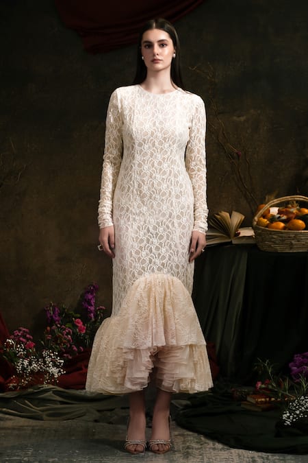 Buy Therealb Cream Viscose Embroidery Round Neck Floral Lace High Low Dress Online at Aza Fashions Buy_Therealb_Cream Viscose Embroidery Round Neck Floral Lace High Low Dress _Online_at_Aza_Fashions