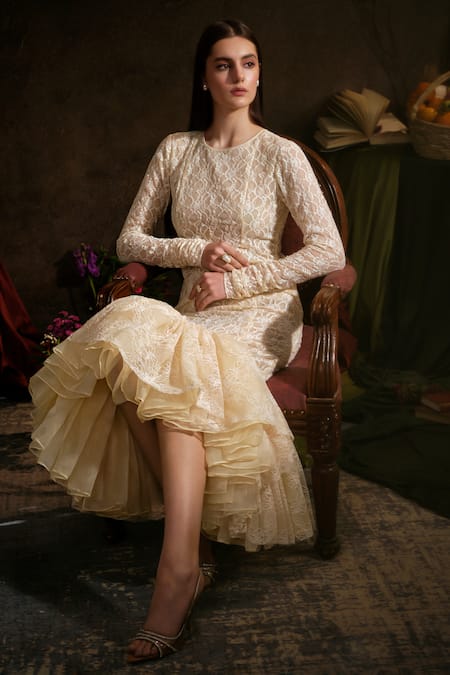 Shop Therealb Cream Viscose Embroidery Round Neck Floral Lace High Low Dress Online at Aza Fashions Shop_Therealb_Cream Viscose Embroidery Round Neck Floral Lace High Low Dress _Online_at_Aza_Fashions