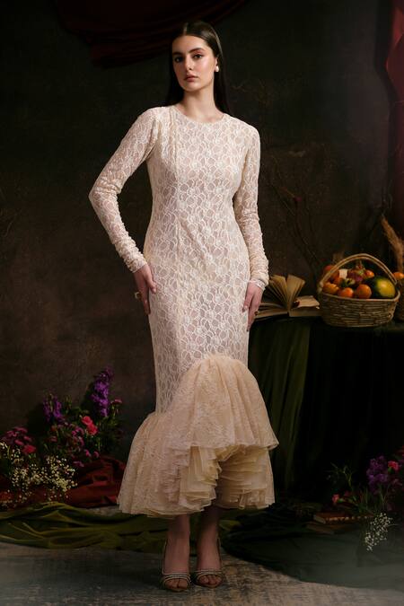 Therealb Cream Viscose Embroidery Round Neck Floral Lace High Low Dress at Aza Fashions Therealb_Cream Viscose Embroidery Round Neck Floral Lace High Low Dress _at_Aza_Fashions