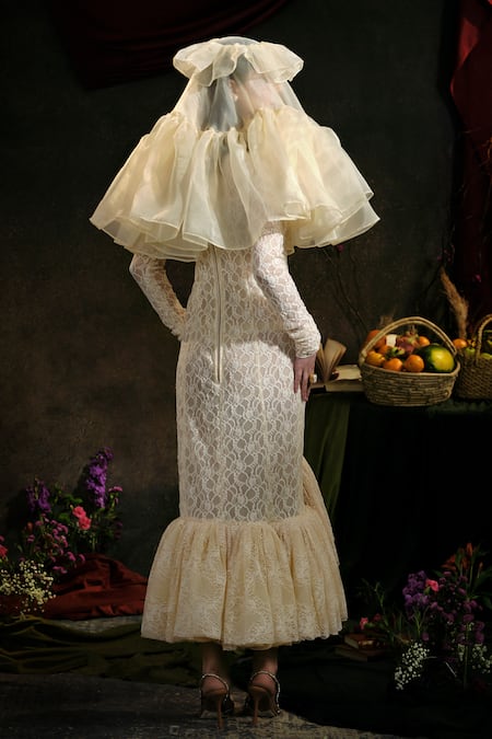 Shop Therealb Cream Viscose Embroidery Round Neck Floral Lace High Low Dress at Aza Fashions Shop_Therealb_Cream Viscose Embroidery Round Neck Floral Lace High Low Dress _at_Aza_Fashions