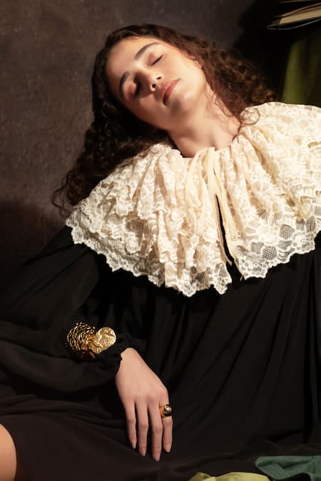 Therealb Black Crepe Lace High Neck Solid Dress With Floral Collar Online at Aza Fashions Therealb_Black Crepe Lace High Neck Solid Dress With Floral Collar _Online_at_Aza_Fashions