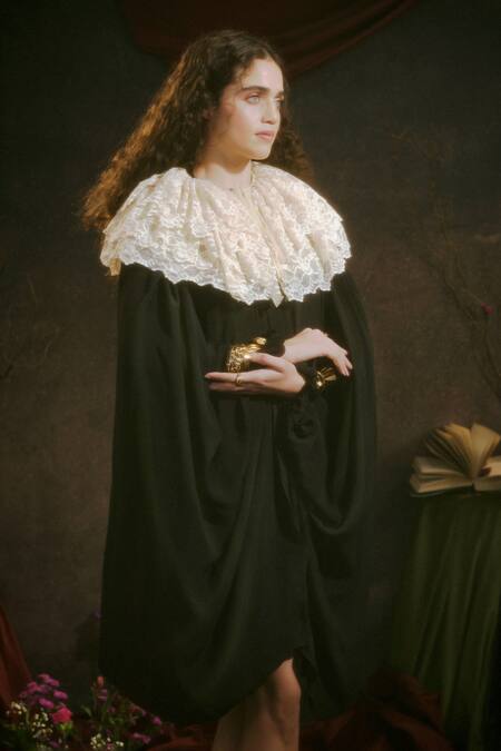 Buy Therealb Black Crepe Lace High Neck Solid Dress With Floral Collar Online at Aza Fashions Buy_Therealb_Black Crepe Lace High Neck Solid Dress With Floral Collar _Online_at_Aza_Fashions