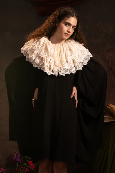 Shop Therealb Black Crepe Lace High Neck Solid Dress With Floral Collar at Aza Fashions Shop_Therealb_Black Crepe Lace High Neck Solid Dress With Floral Collar _at_Aza_Fashions