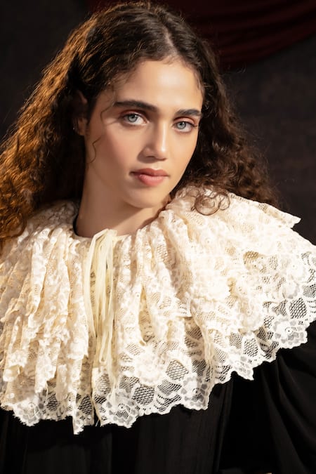 Shop Therealb Black Crepe Lace High Neck Solid Dress With Floral Collar Online at Aza Fashions Shop_Therealb_Black Crepe Lace High Neck Solid Dress With Floral Collar _Online_at_Aza_Fashions