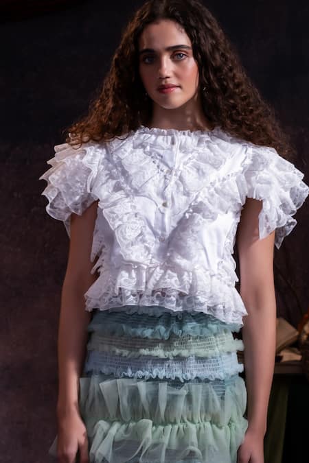 Therealb_White Cotton Round Neck Ruffled Flutter Sleeve Top _Online_at_Aza_Fashions