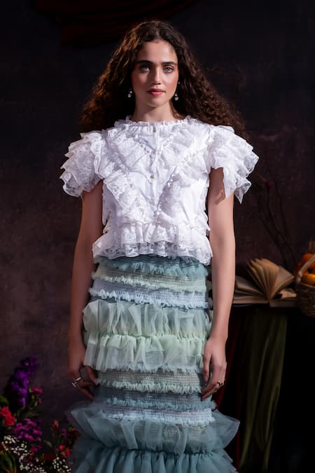 Shop_Therealb_White Cotton Round Neck Ruffled Flutter Sleeve Top _Online_at_Aza_Fashions