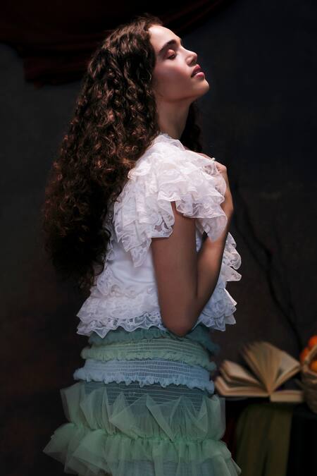 Therealb_White Cotton Round Neck Ruffled Flutter Sleeve Top _at_Aza_Fashions