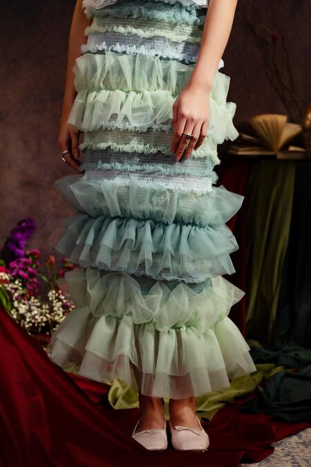 Therealb Green Tulle Ruffles Tiered Skirt Online at Aza Fashions Therealb_Green Tulle Ruffles Tiered Skirt _Online_at_Aza_Fashions