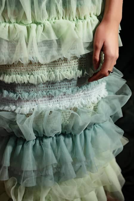 Shop Therealb Green Tulle Ruffles Tiered Skirt Online at Aza Fashions Shop_Therealb_Green Tulle Ruffles Tiered Skirt _Online_at_Aza_Fashions