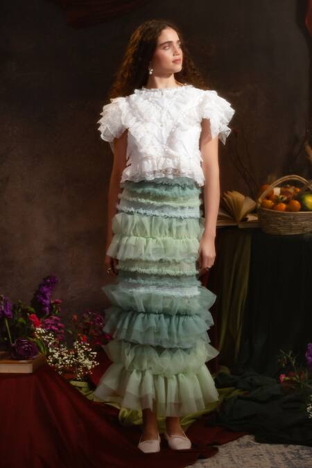 Therealb Green Tulle Ruffles Tiered Skirt at Aza Fashions Therealb_Green Tulle Ruffles Tiered Skirt _at_Aza_Fashions