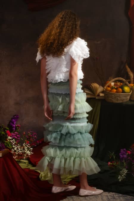 Therealb Green Ruffle Tiered Tulle Skirt 