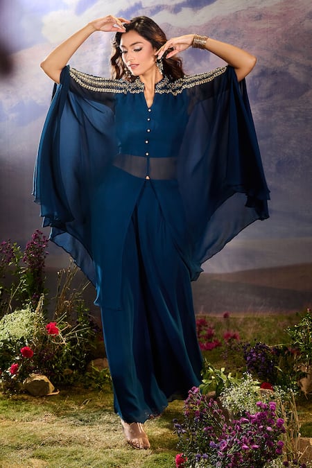 Aariyana Couture Blue Georgette Sequins, Beads Layered Cape And Flared Pant Set Online at Aza Fashions Aariyana Couture_Blue Georgette Sequins, Beads Layered Cape And Flared Pant Set _Online_at_Aza_Fashions
