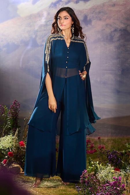 Shop Aariyana Couture Blue Georgette Sequins, Beads Layered Cape And Flared Pant Set Online at Aza Fashions Shop_Aariyana Couture_Blue Georgette Sequins, Beads Layered Cape And Flared Pant Set _Online_at_Aza_Fashions
