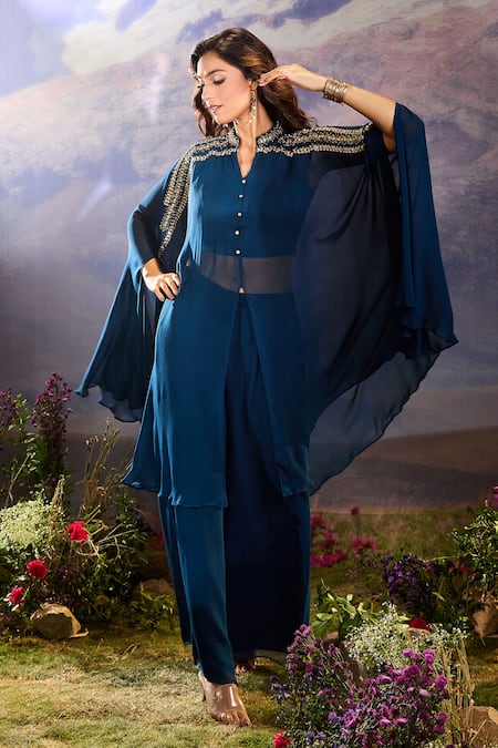Aariyana Couture Blue Georgette Sequins, Beads Layered Cape And Flared Pant Set at Aza Fashions Aariyana Couture_Blue Georgette Sequins, Beads Layered Cape And Flared Pant Set _at_Aza_Fashions