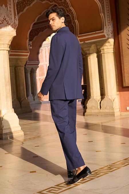 Dash And Dot Navy Blue Bandhgala with Pocket Detail 