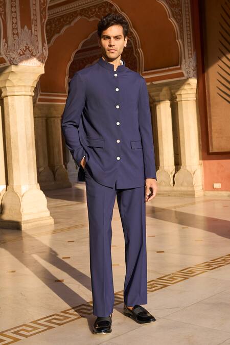 Dash And Dot Blue Viscose, Polyester Navy Bandhgala With Pocket Detail at Aza Fashions Dash And Dot_Blue Viscose, Polyester Navy Bandhgala With Pocket Detail _at_Aza_Fashions