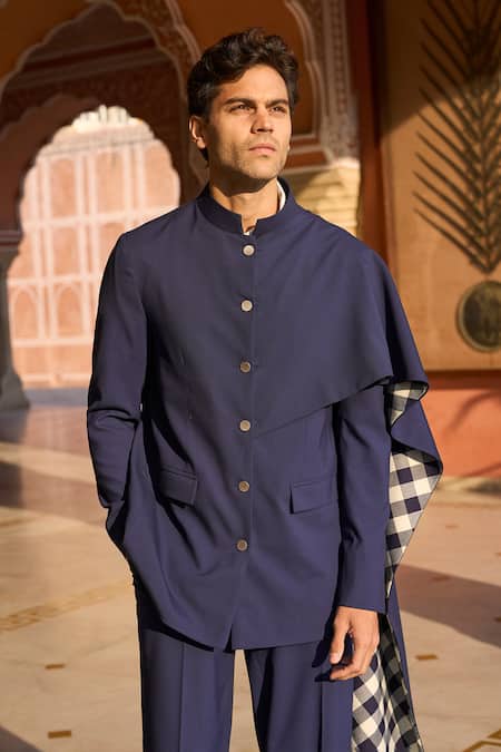 Buy Dash And Dot Blue Viscose, Polyester Navy Bandhgala With Pocket Detail Buy_Dash And Dot_Blue Viscose, Polyester Navy Bandhgala With Pocket Detail