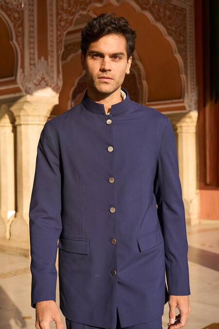 Shop Dash And Dot Blue Viscose, Polyester Navy Bandhgala With Pocket Detail Shop_Dash And Dot_Blue Viscose, Polyester Navy Bandhgala With Pocket Detail