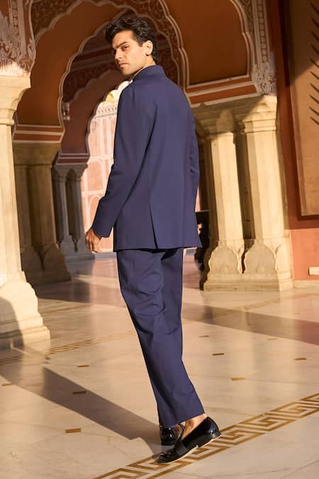 Shop Dash And Dot Blue Viscose, Polyester Navy Bandhgala And Trouser Set at Aza Fashions Shop_Dash And Dot_Blue Viscose, Polyester Navy Bandhgala And Trouser Set _at_Aza_Fashions